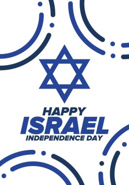 İsrail 'in Bağımsızlık Günü. Ulusal bayram, yıllık kutlama. İsrail bayrağı. Davut 'un Yıldızı, Yahudi sembolü. Vatansever işaretler ve unsurlar. Poster, kart, afiş ve geçmiş. Vektör illüstrasyonu