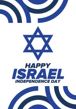 İsrail 'in Bağımsızlık Günü. Ulusal bayram, yıllık kutlama. İsrail bayrağı. Davut 'un Yıldızı, Yahudi sembolü. Vatansever işaretler ve unsurlar. Poster, kart, afiş ve geçmiş. Vektör illüstrasyonu