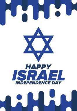 İsrail 'in Bağımsızlık Günü. Ulusal bayram, yıllık kutlama. İsrail bayrağı. Davut 'un Yıldızı, Yahudi sembolü. Vatansever işaretler ve unsurlar. Poster, kart, afiş ve geçmiş. Vektör illüstrasyonu