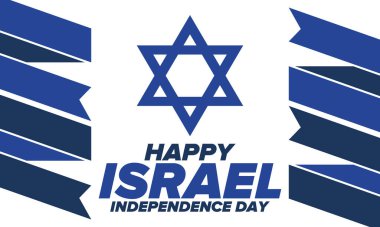 İsrail 'in Bağımsızlık Günü. Ulusal bayram, yıllık kutlama. İsrail bayrağı. Davut 'un Yıldızı, Yahudi sembolü. Vatansever işaretler ve unsurlar. Poster, kart, afiş ve geçmiş. Vektör illüstrasyonu