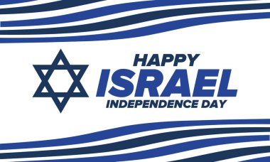 İsrail 'in Bağımsızlık Günü. Ulusal bayram, yıllık kutlama. İsrail bayrağı. Davut 'un Yıldızı, Yahudi sembolü. Vatansever işaretler ve unsurlar. Poster, kart, afiş ve geçmiş. Vektör illüstrasyonu