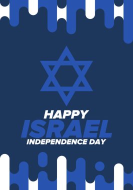 İsrail 'in Bağımsızlık Günü. Ulusal bayram, yıllık kutlama. İsrail bayrağı. Davut 'un Yıldızı, Yahudi sembolü. Vatansever işaretler ve unsurlar. Poster, kart, afiş ve geçmiş. Vektör illüstrasyonu