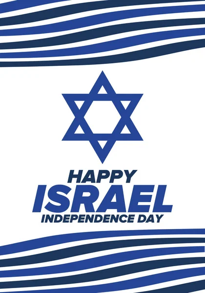 İsrail 'in Bağımsızlık Günü. Ulusal bayram, yıllık kutlama. İsrail bayrağı. Davut 'un Yıldızı, Yahudi sembolü. Vatansever işaretler ve unsurlar. Poster, kart, afiş ve geçmiş. Vektör illüstrasyonu