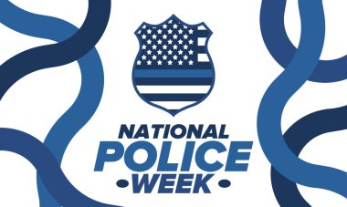 Mayıs 'ta Ulusal Polis Haftası. Amerika 'da yıllık kutlama. Kahraman polisin onuruna. Polis rozeti ve vatansever unsurlar. Subaylar Anma Günü. Poster, kart, pankart. Vektör illüstrasyonu