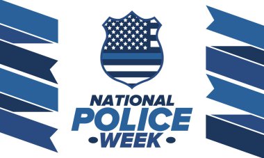 Mayıs 'ta Ulusal Polis Haftası. Amerika 'da yıllık kutlama. Kahraman polisin onuruna. Polis rozeti ve vatansever unsurlar. Subaylar Anma Günü. Poster, kart, pankart. Vektör illüstrasyonu