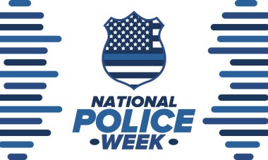 Mayıs 'ta Ulusal Polis Haftası. Amerika 'da yıllık kutlama. Kahraman polisin onuruna. Polis rozeti ve vatansever unsurlar. Subaylar Anma Günü. Poster, kart, pankart. Vektör illüstrasyonu