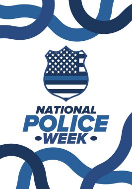 Mayıs 'ta Ulusal Polis Haftası. Amerika 'da yıllık kutlama. Kahraman polisin onuruna. Polis rozeti ve vatansever unsurlar. Subaylar Anma Günü. Poster, kart, pankart. Vektör illüstrasyonu
