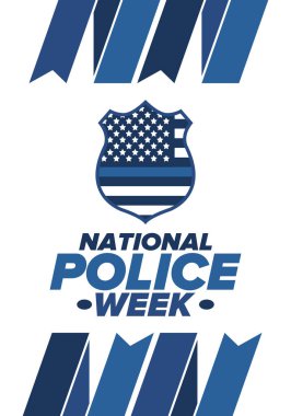 Mayıs 'ta Ulusal Polis Haftası. Amerika 'da yıllık kutlama. Kahraman polisin onuruna. Polis rozeti ve vatansever unsurlar. Subaylar Anma Günü. Poster, kart, pankart. Vektör illüstrasyonu