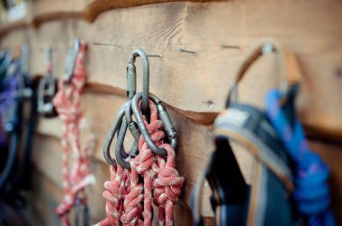 Knots tied to a safety rope and a carbine.