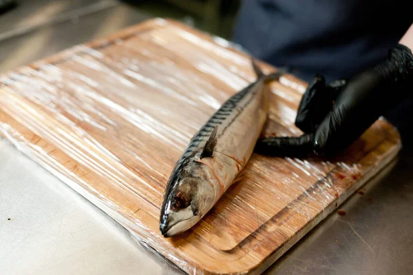 Cook Separates Fillet Fish Clears Bones Mackerel Fillets — Stock Photo, Image