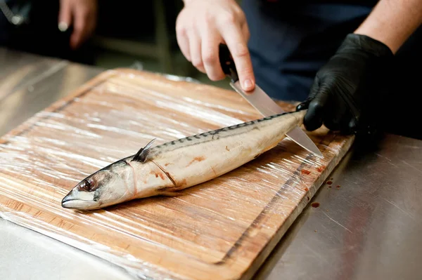 Cook Separates Fillet Fish Clears Bones Mackerel Fillets — Foto Stock