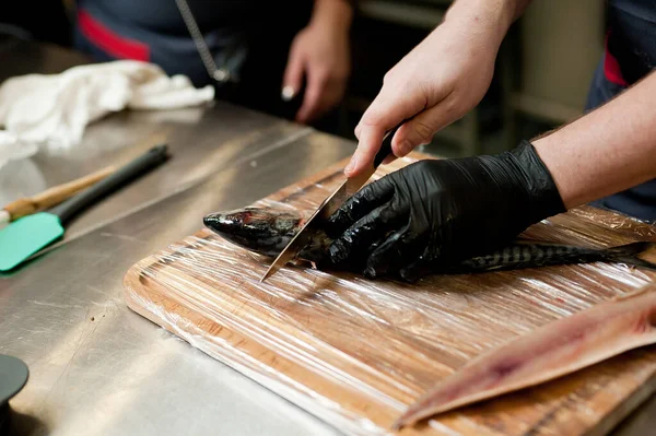 Cook Separates Fillet Fish Clears Bones Mackerel Fillets — Stockfoto