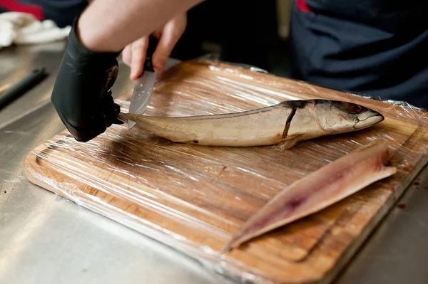 Cook Separates Fillet Fish Clears Bones Mackerel Fillets — Stockfoto