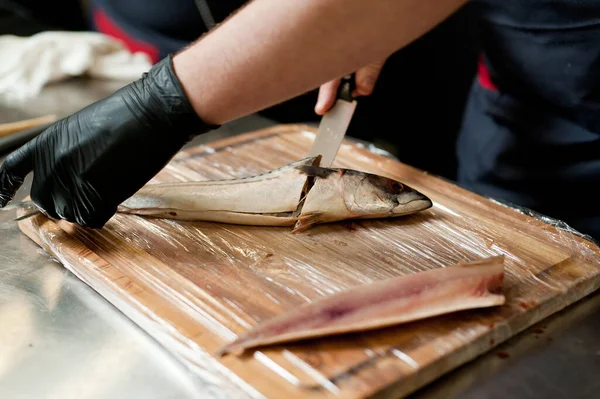 Cook Separates Fillet Fish Clears Bones Mackerel Fillets — Stockfoto