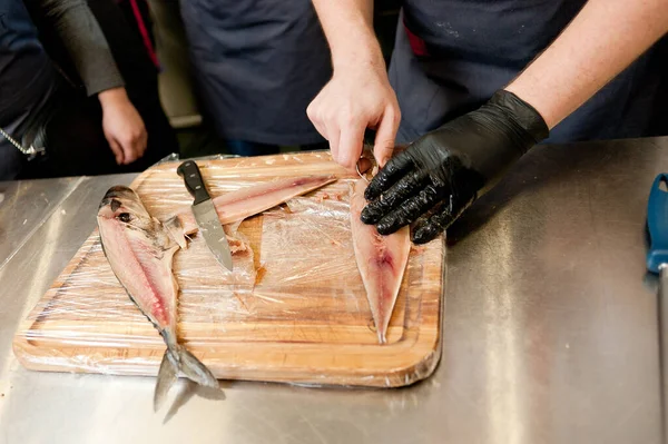 Cook Separates Fillet Fish Clears Bones Mackerel Fillets — Stockfoto
