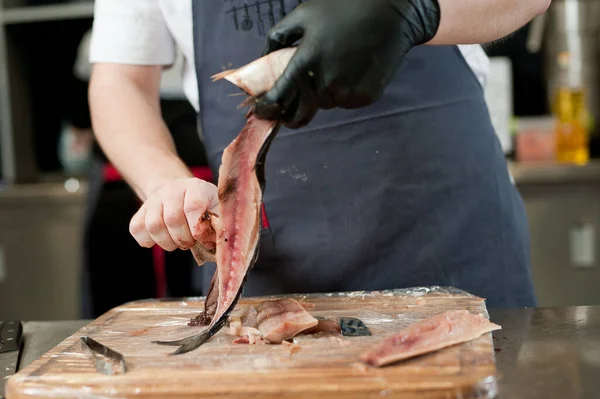 Cook Separates Fillet Fish Clears Bones Mackerel Fillets — Stockfoto