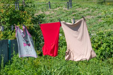 Temiz çamaşır asılır ve çamaşır ipinde kurutulur.