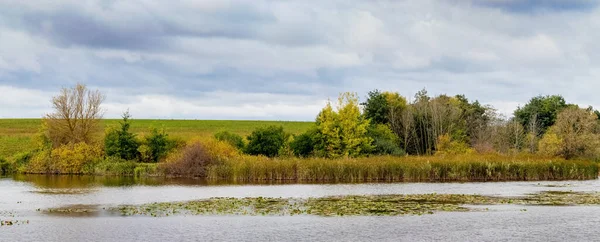 Autumn Landscape Panorama Colorful Trees River Cloudy Sky — Stock fotografie