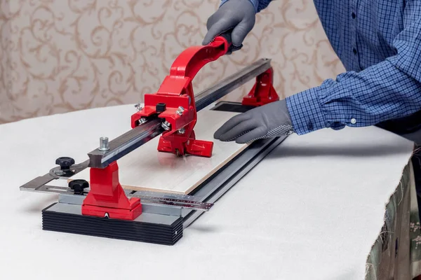 Worker Cuts Facing Tiles Tile Cutter — Stok fotoğraf