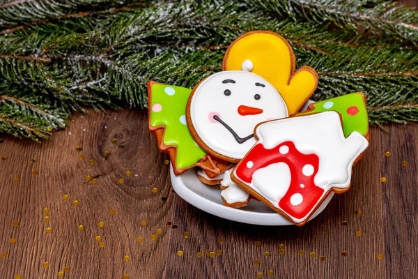 Christmas Cookies Plate Table Snowy Fir Tree Branch — 스톡 사진