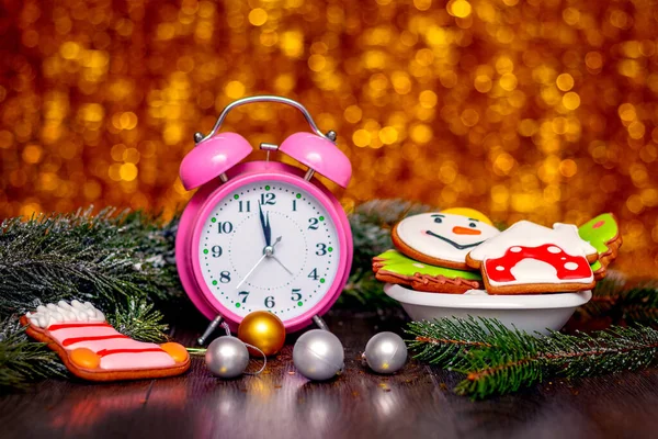 Christmas New Year Card Clock Christmas Cookies Fir Branch Christmas — Stockfoto