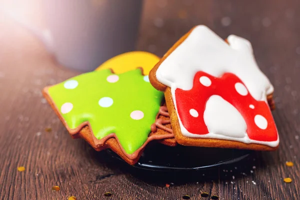 Christmas New Year Cookies Plate Wooden Table — 스톡 사진