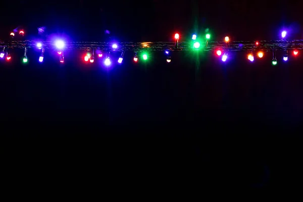 Christmas New Year Garland Bright Multi Colored Lights Black Isolated — 스톡 사진