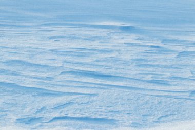 Snowy background, snow-covered surface of the earth after a blizzard in the morning in the sunlight with distinct layers of snow