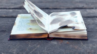 A charred open book on a wooden table. A book saved from a fire