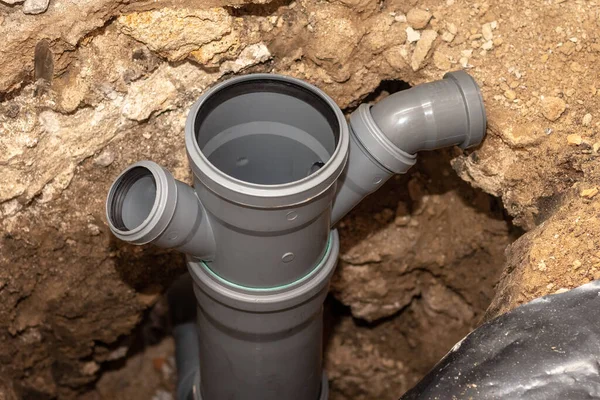 Plastic Pipes Process Installation Sewage Bathroom — Stock Photo, Image