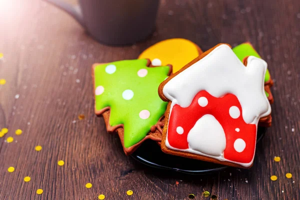 Christmas New Year Cookies Plate Wooden Table — Stockfoto