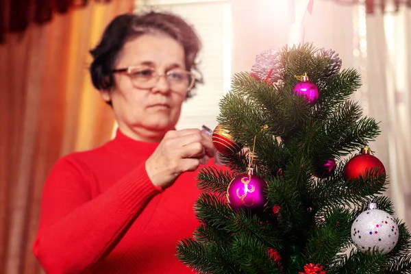 Woman Decorates Christmas New Year Tree Preparation Christmas New Year — 스톡 사진