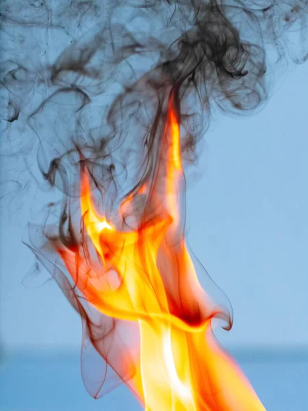 Fire Thick Black Smoke Light Blue Background — Fotografia de Stock