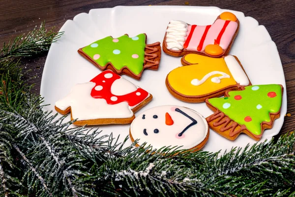 Вкусное Рождественское Печенье Тарелке Рядом Веткой Елки — стоковое фото