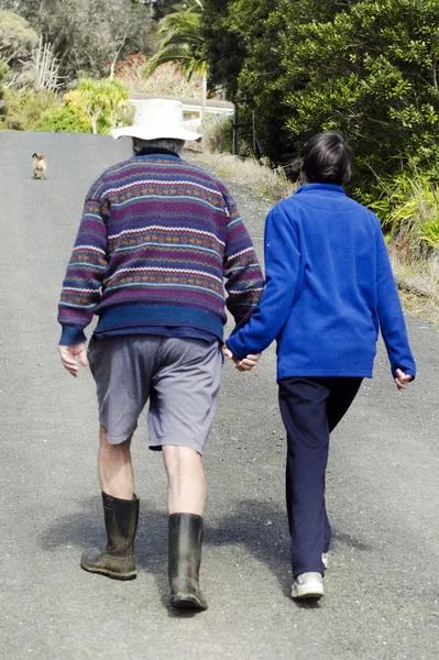 Elderly couple holds hand while walking — Stock Photo, Image