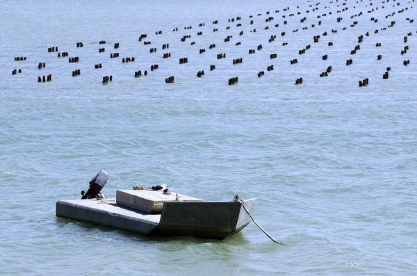 Flaches Fischerboot in Austernfarm — Stockfoto