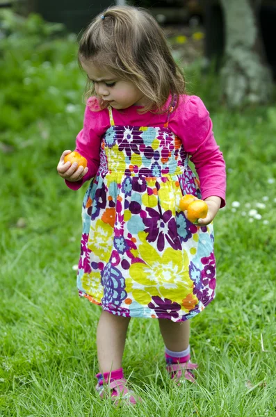 Little girl holds mandarin fruits — Stock Photo, Image