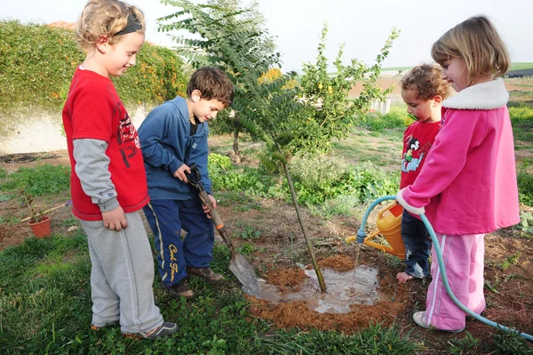 Israeliska barn firar tu bishvat-judiska högtiden mat — Stockfoto