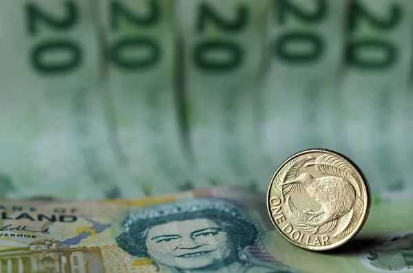 Νόμισμα Δολάριο Νέας Ζηλανδίας ΧΑΡΤΟΝΟΜΙΣΜΑΤΑ και ΚΕΡΜΑΤΑ χρήματα — Φωτογραφία Αρχείου