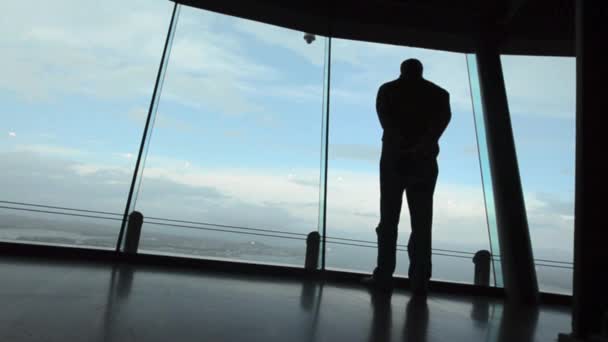 Návštěvník vypadá nad auckland panoráma z sky tower — Stock video