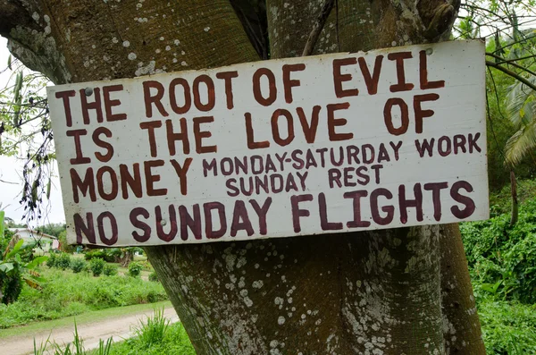 No Sunday Flights protesting sign in Aitutaki Lagoon Cook Island — Stock Photo, Image