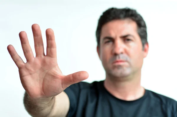 Upset mature man show stop sign with his palm. — Stock Photo, Image