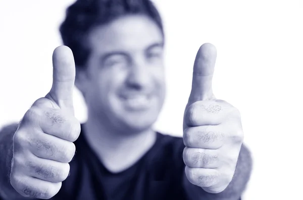 Szczęśliwy młody człowiek dojrzały Wyświetlono kciuk w — Zdjęcie stockowe