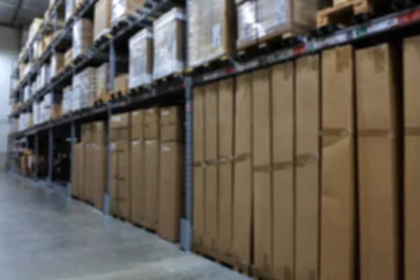 Blurred Background Many Items Cardboard Boxes Warehouse Storage Shelves — Stock Photo, Image