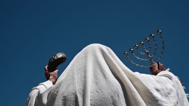 Rear View Adult Jewish Man Holding Two Jewish Symbols His — Stock Video