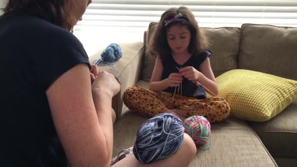 Mother Daughter Knitting Together Sofa Home Living Room — Wideo stockowe