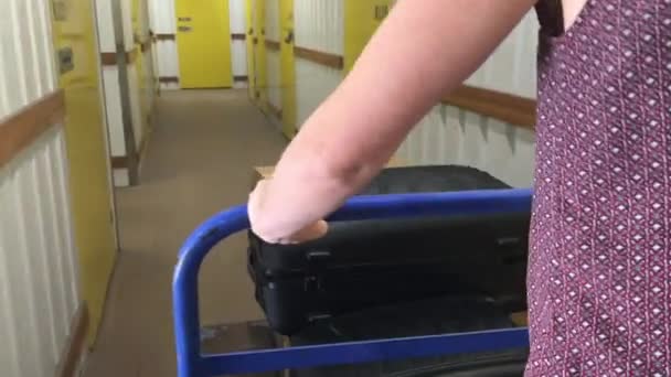 Persoon Handen Duwen Trolley Bagage Zelfopslagruimte — Stockvideo