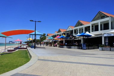ROCKINGHAM, WA - JAN 14 2022:Cafe restaurants on Rockingham esplanade a popular tourist coastal seaside city south to Perth in Western Australia.