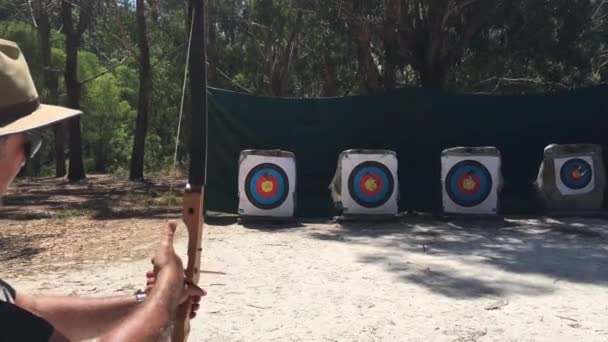 Adult Australian Man Male Age Archer Aiming Target Forest Australia — Stock Video