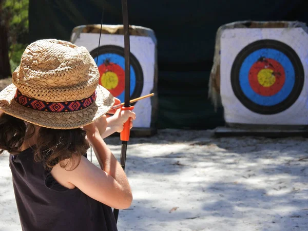 Rear View Young Girl Female Age Archer Aiming Target — Stock Photo, Image